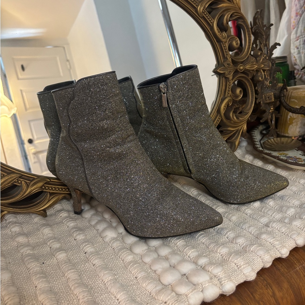 Sarah Flint Silver Glitter Ankle Boots, sz 38 (women’s 8)
